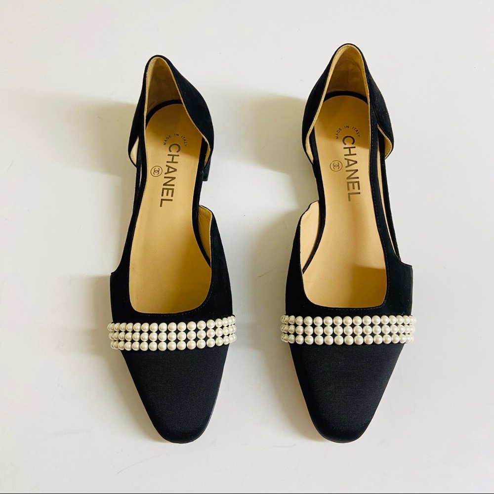 CHANEL BLACK SLINGBACK FLATS BALLERINAS PEARLS 39